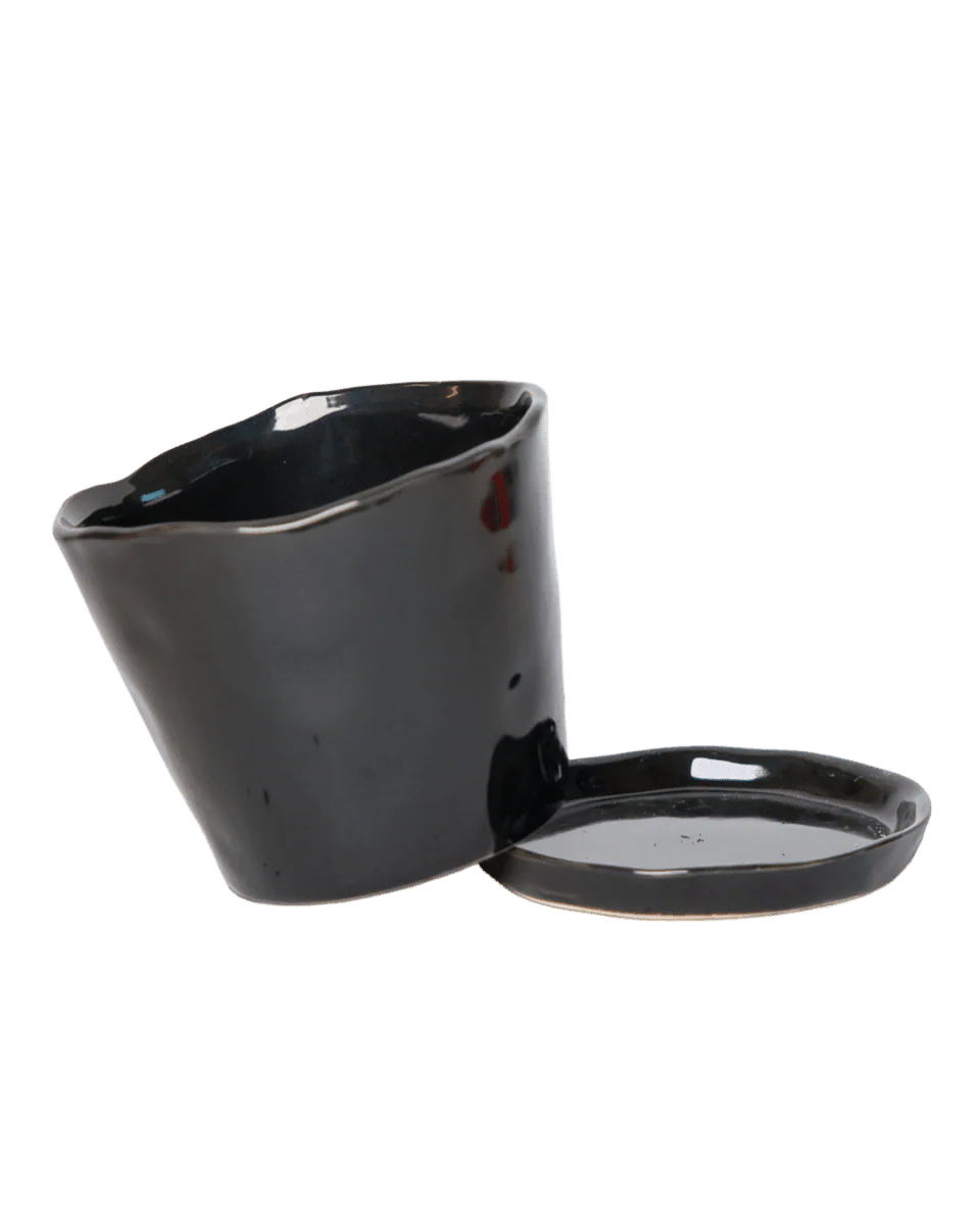 Tika Large Ceramic Plant Pot with Drainage Hole and Saucer — Black - Image 2