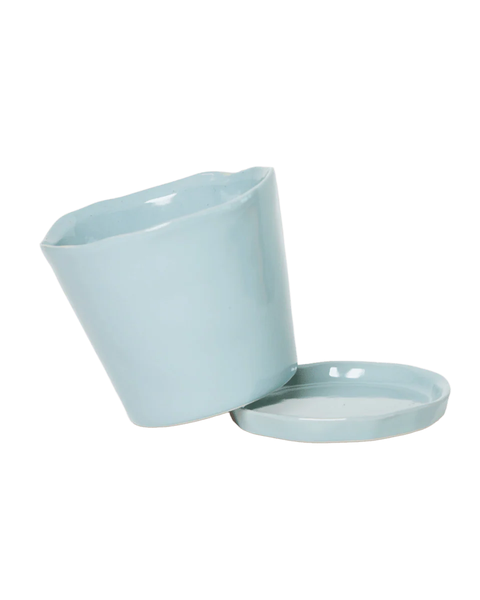 Tika Large Ceramic Plant Pot with Drainage Hole and Saucer — New Grey - Image 2