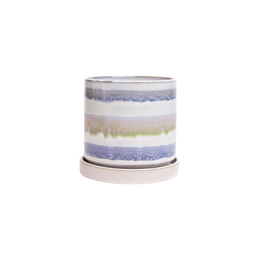 Minute Small Ceramic Pot with Drainage Hole and Saucer — Blue Green Layers - Image 2