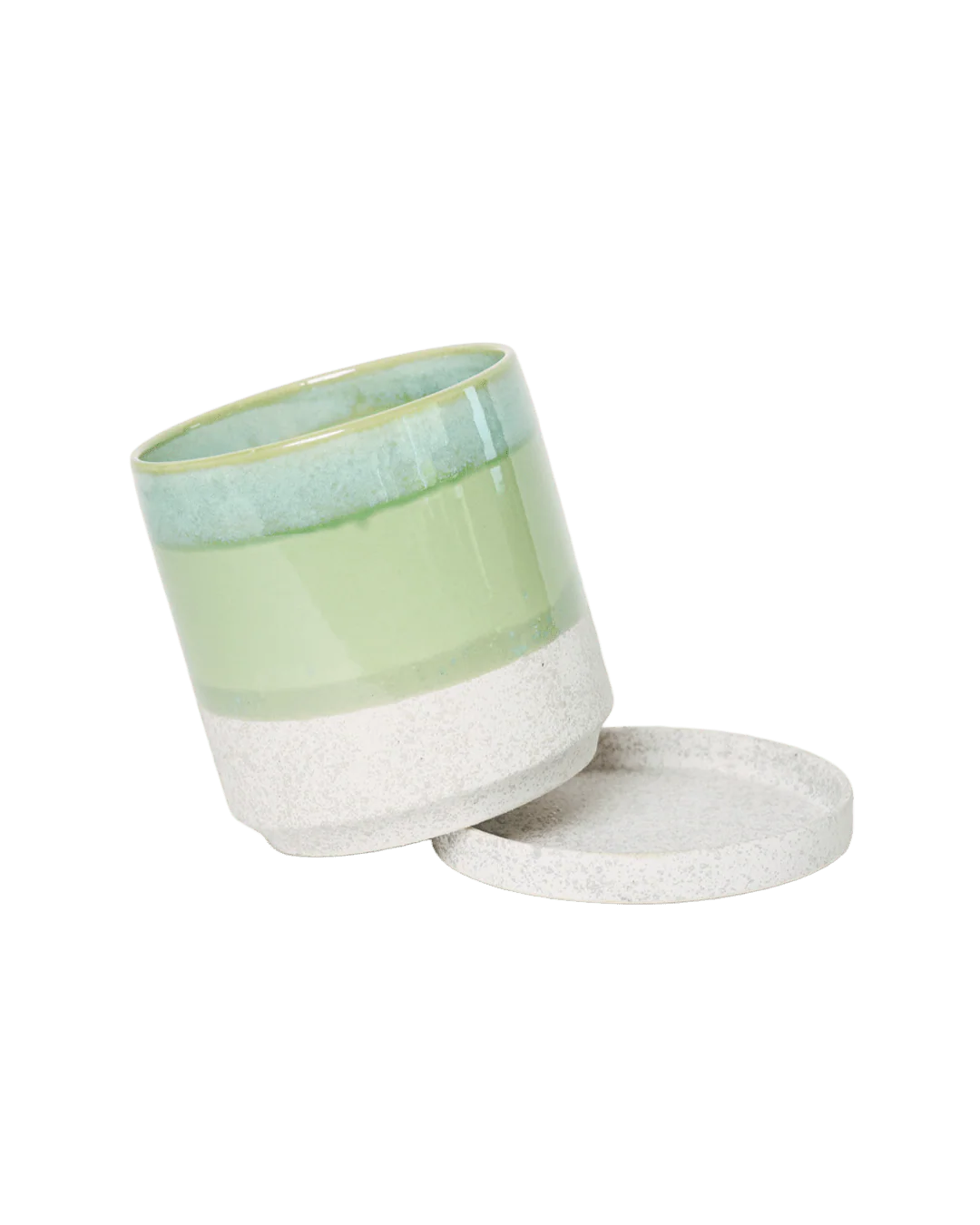Minute Small Ceramic Pot with Drainage Hole and Saucer — Green Cement - Image 3